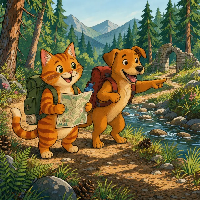 A cartoon of a cat and a dog on an adventure, drawn in a colorful 2D style. - Takumi 1.1