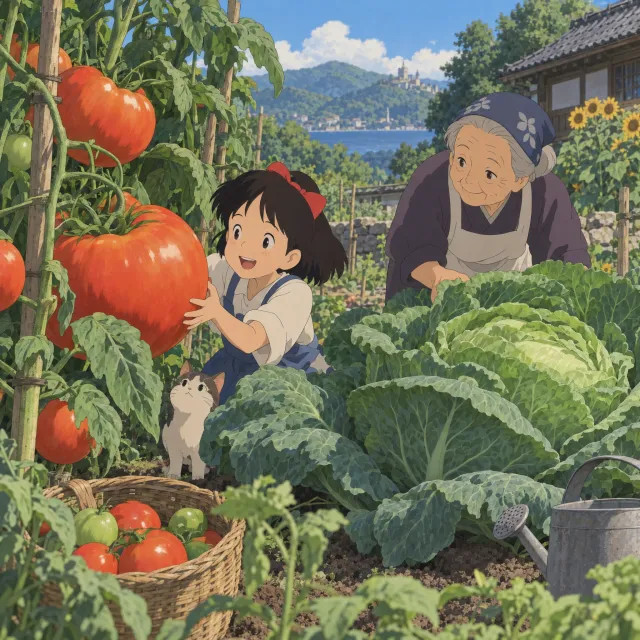 A child and elder tending oversized vegetables in a garden. Reproduce the artistic style of Studio Ghibli, with their distinctive character proportions and detailed plant illustrations. - Takumi 1.1