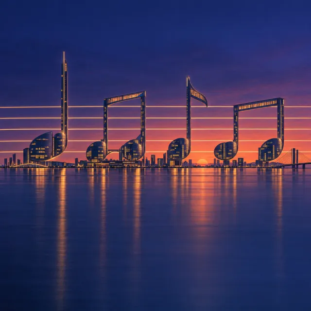 A city skyline that forms the shape of musical notes on a staff, created in a stylized graphic design aesthetic with clean architectural lines and dramatic twilight colors. - Takumi 1.1