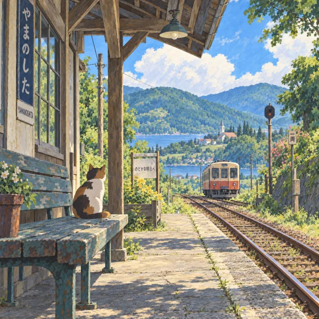 A countryside train station with a cat waiting on a bench. Rendered in Studio Ghibli animation style with Miyazaki's watercolor backgrounds and hand-drawn quality. - Takumi 1.1