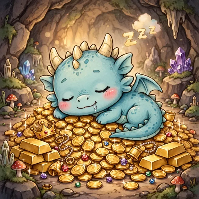 A cute chibi-style dragon sleeping on a pile of gold. - Takumi 1.1