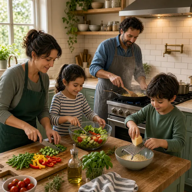A family cooking together in a kitchen, each person busy with a different task. - Takumi 1.1