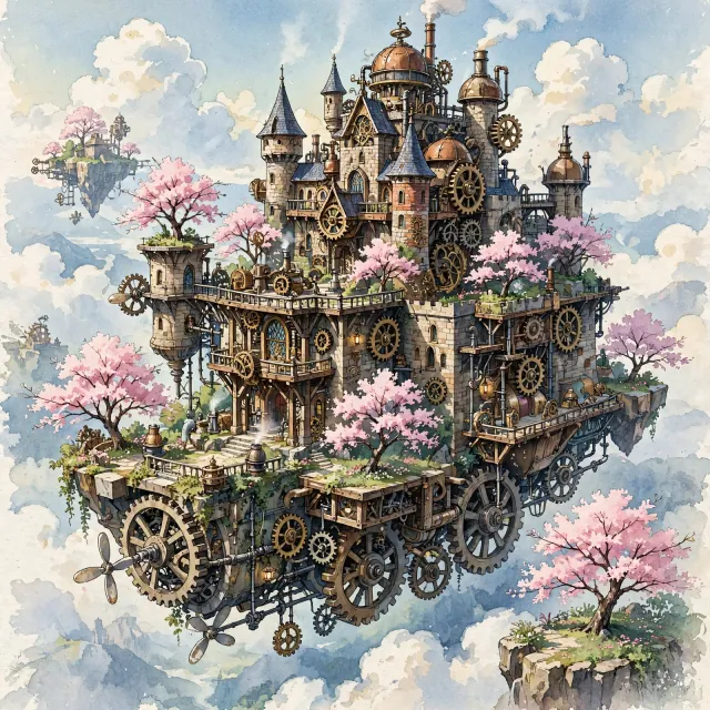 A floating steampunk castle in the sky with intricate mechanical gears and cherry blossom trees, illustrated in Hayao Miyazaki's Castle in the Sky (1986) art style with watercolor textures and detailed line work. - Takumi 1.1