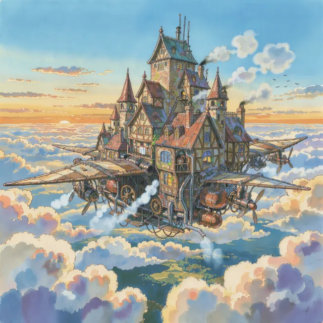 A flying castle floating in clouds at sunrise. Match the visual aesthetic of 'Howl's Moving Castle' by Studio Ghibli, with Miyazaki's blend of steampunk elements and fantasy. - Takumi 1.1