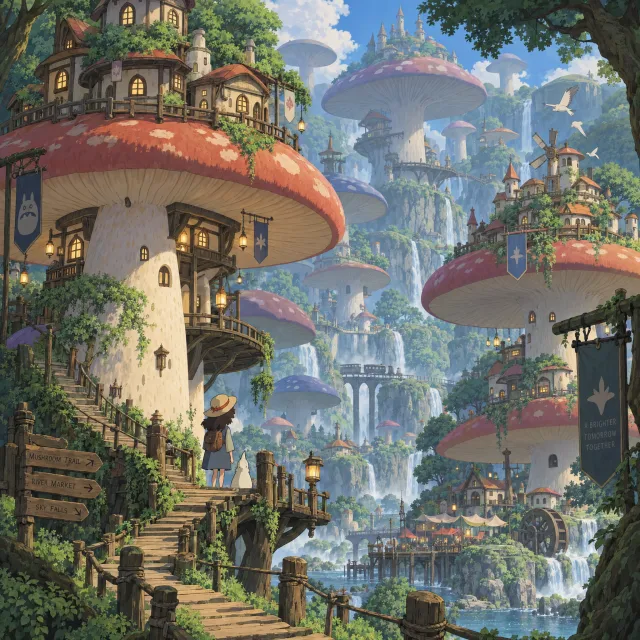 A forest of giant mushrooms with houses built on top of them, rendered in a whimsical… - Takumi 1.1