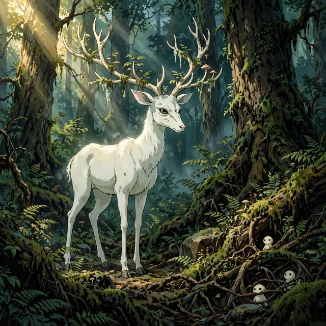 A forest spirit standing among tall trees. Replicate the artistic style of 'Princess Mononoke' by Studio Ghibli, with Miyazaki's detailed environments and mystical creature design. - Takumi 1.1