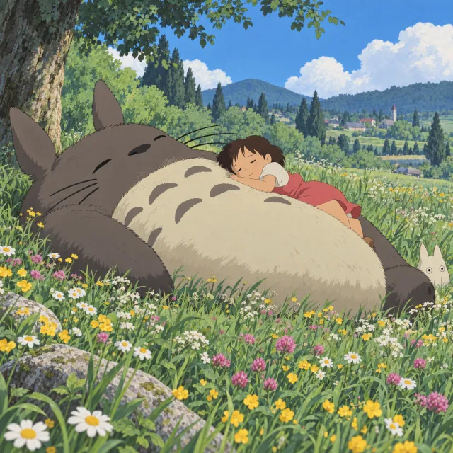 A girl and a giant fluffy creature napping in a wildflower meadow. Reproduce the art style of 'My Neighbor Totoro' by Studio Ghibli, with Miyazaki's soft character designs. - Takumi 1.1
