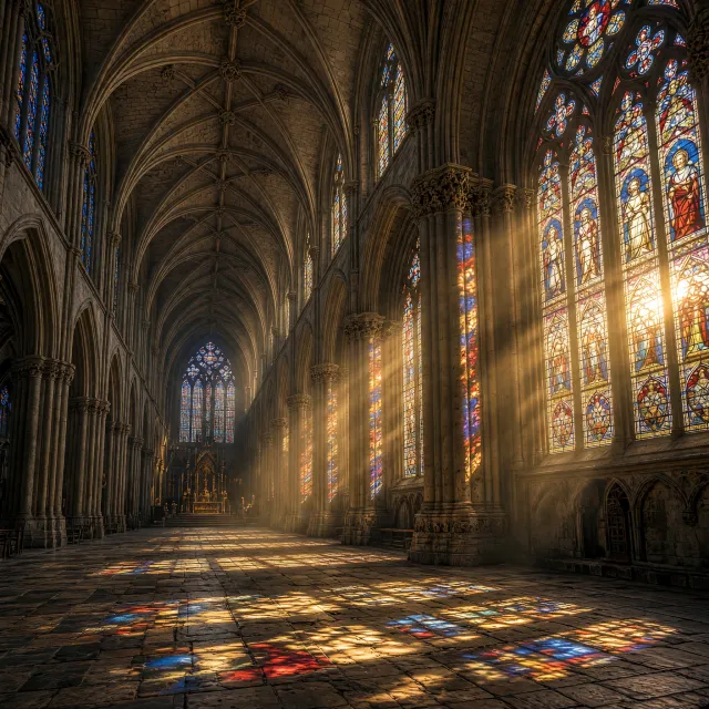 A Gothic cathedral interior at sunset with light streaming through detailed stained glass windows, creating colored patterns on stone floors and columns. Show accurate ribbed vaulting. - Takumi 1.1