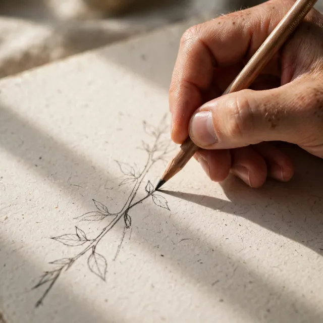 A hand drawing a sketch on paper with a pencil, the hand and pencil tip in clear focus. - Takumi 1.1