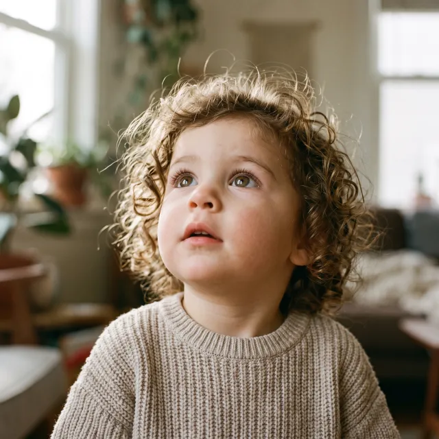 A hyper-realistic photo of a toddler with curly hair and big eyes, looking upward. - Takumi 1.1