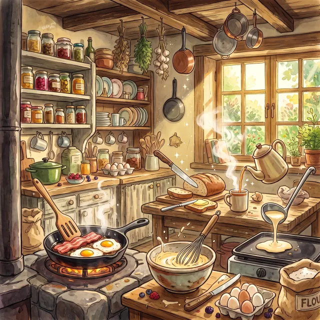 A kitchen with magical cooking implements preparing breakfast. Duplicate the artistic style of Studio Ghibli's domestic scenes, with Miyazaki's detailed settings and warm lighting. - Takumi 1.1