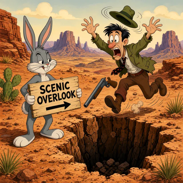A Looney Tunes-inspired cartoon scene of a clever rabbit tricking a hunter. - Takumi 1.1