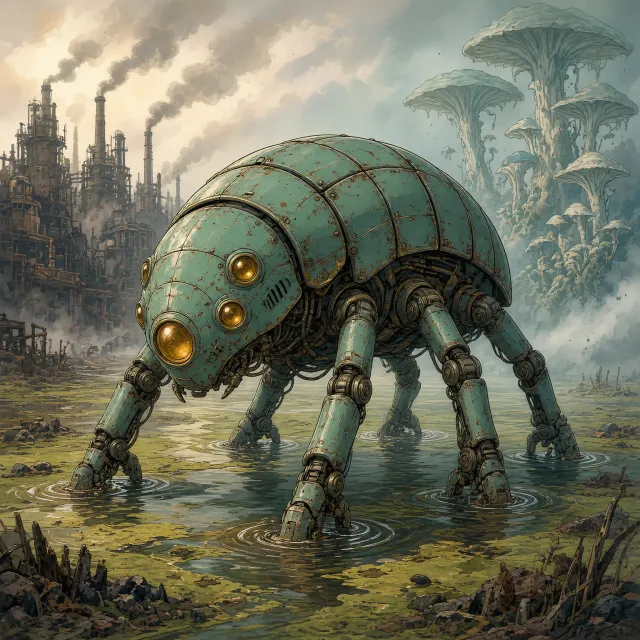 A mechanical creature in a polluted landscape. Capture the visual aesthetic of 'Nausicaä'… - Takumi 1.1