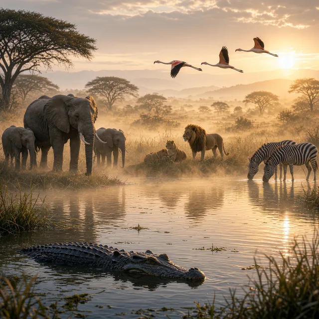A misty dawn at an African savanna watering hole where elephants, lions, and zebras coexist in tense harmony, with a crocodile partially submerged in the foreground and flamingos taking flight in the background, golden hour lighting. - Takumi 1.1