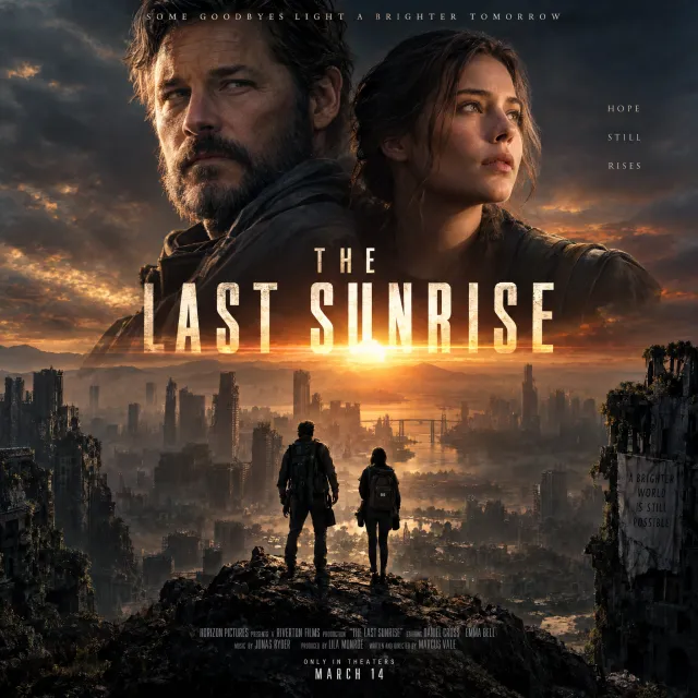 A movie poster for a fictional film titled "The Last Sunrise". Dramatic Hollywood design style. - Takumi 1.1