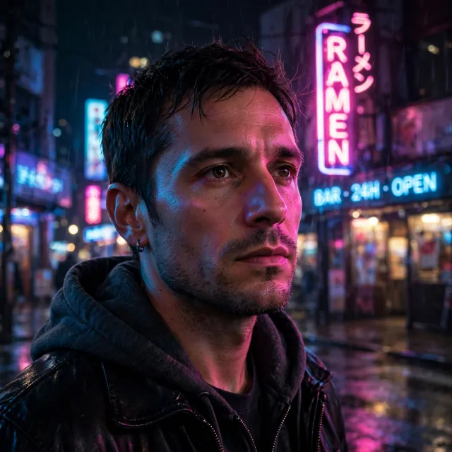 A nighttime portrait of a man lit by neon signs on a city street. - Takumi 1.1