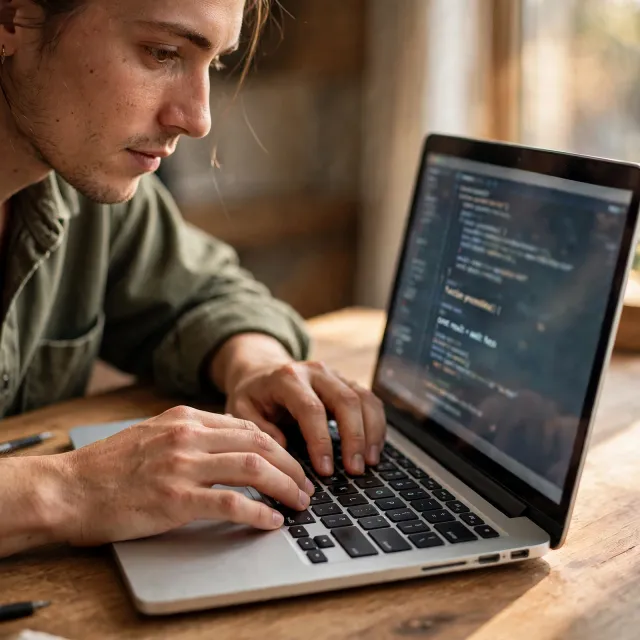 A person typing on a laptop keyboard, showing both hands on the keys. - Takumi 1.1