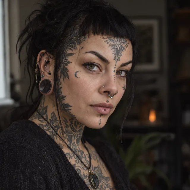 A portrait of a person with elaborate facial tattoos and piercings, shown in sharp detail. - Takumi 1.1