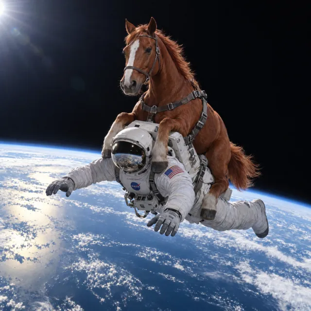 A realistic astronaut being ridden by a horse, photorealistic depiction in outer space with accurate lighting and proportions - Takumi 1.1