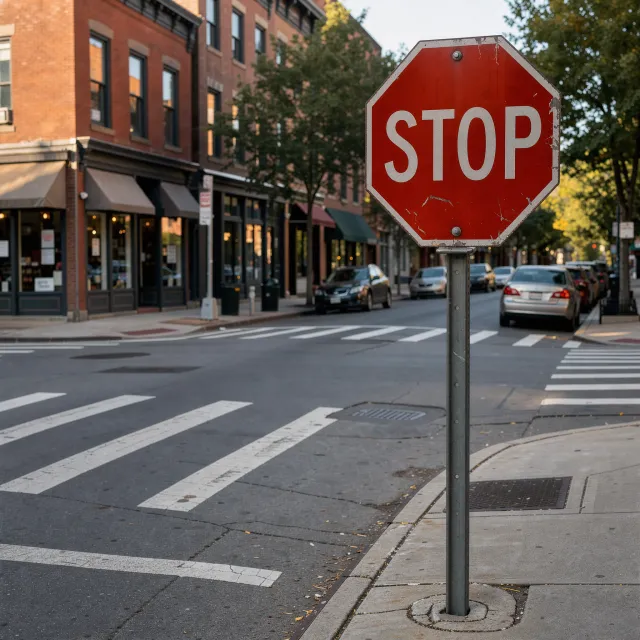 A red stop sign on a street corner displaying the word "STOP", photorealistic urban photography. - Takumi 1.1