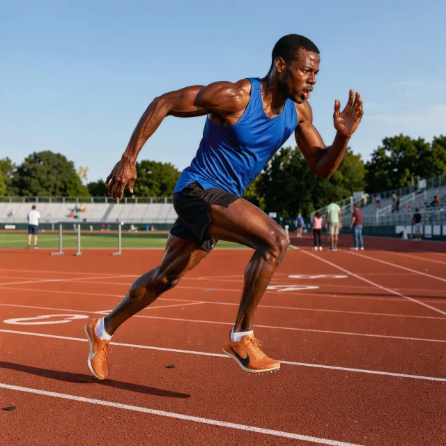 A runner mid-stride in a full-body action shot, limbs in motion and well-defined. - Takumi 1.1