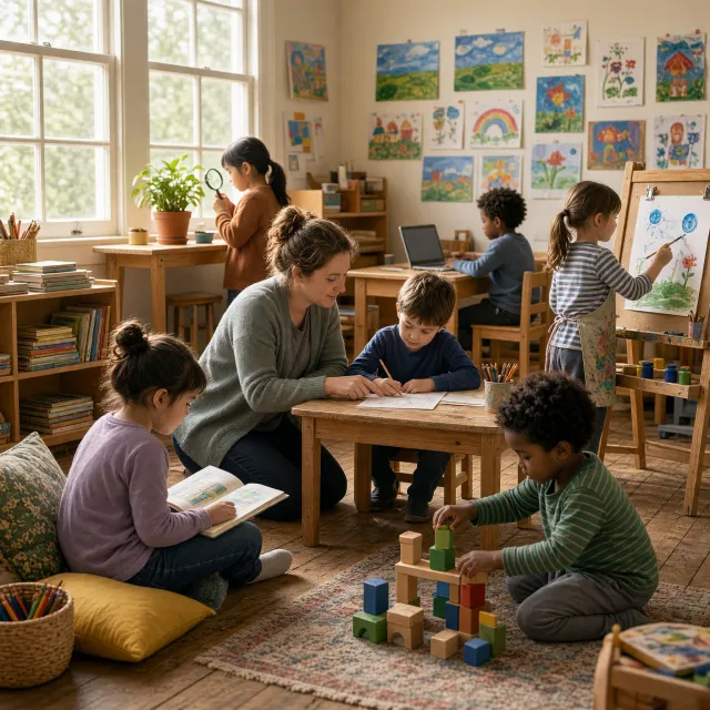 A school classroom of children and a teacher, each student engaged in a different activity. - Takumi 1.1