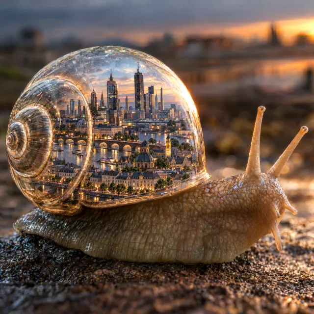 A snail whose shell contains a miniature city skyline, depicted in a hyperrealistic macro photography style with intricate architectural details and ambient lighting. - Takumi 1.1