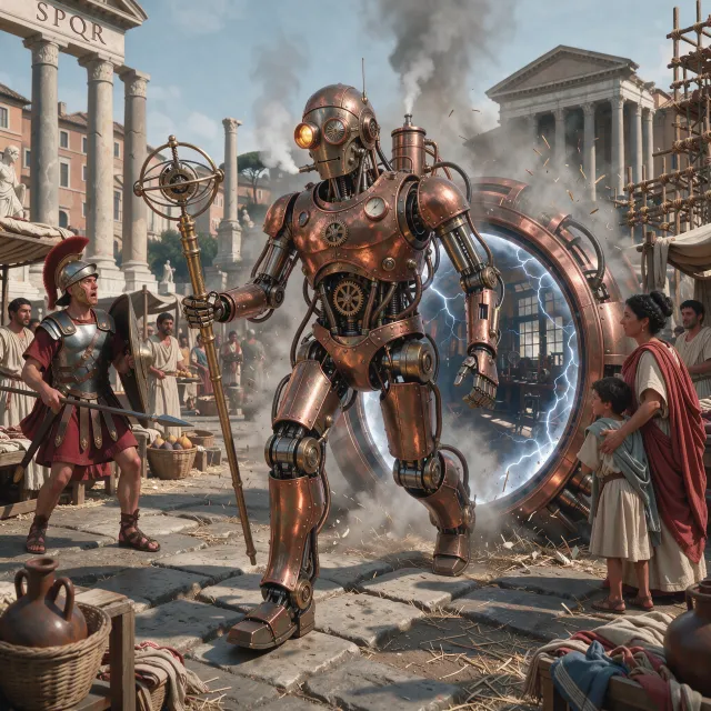A steampunk robot time-traveling in ancient Rome, depicted in a detailed cinematic style that blends historical accuracy with copper and brass retrofuturistic aesthetics. - Takumi 1.1