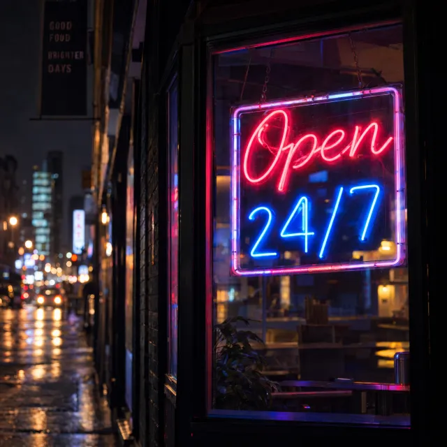 A storefront sign that says "Open 24/7" in neon lights, nighttime urban photography. - Takumi 1.1