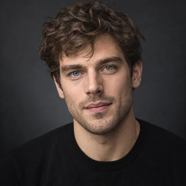 A studio headshot of a young man with one blue eye and one green eye (heterochromia). - Takumi 1.1