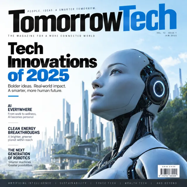 A technology magazine cover featuring the headline "Tech Innovations of 2025," clean modern design style. - Takumi 1.1