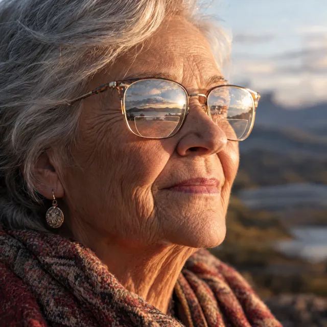 A ultra high-resolution portrait of an elderly woman with silver hair and bifocal glasses, each lens reflecting a distant landscape, captured in warm late-afternoon sunlight - Takumi 1.1