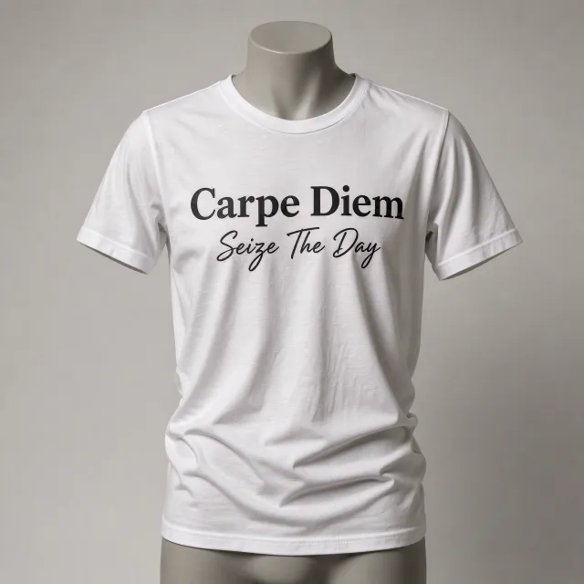 A wrinkled white T-shirt with "Carpe Diem" in bold serif font and "Seize The Day" in smaller script below it, modeled on a mannequin, professional product photography with soft-box lighting. - Takumi 1.1