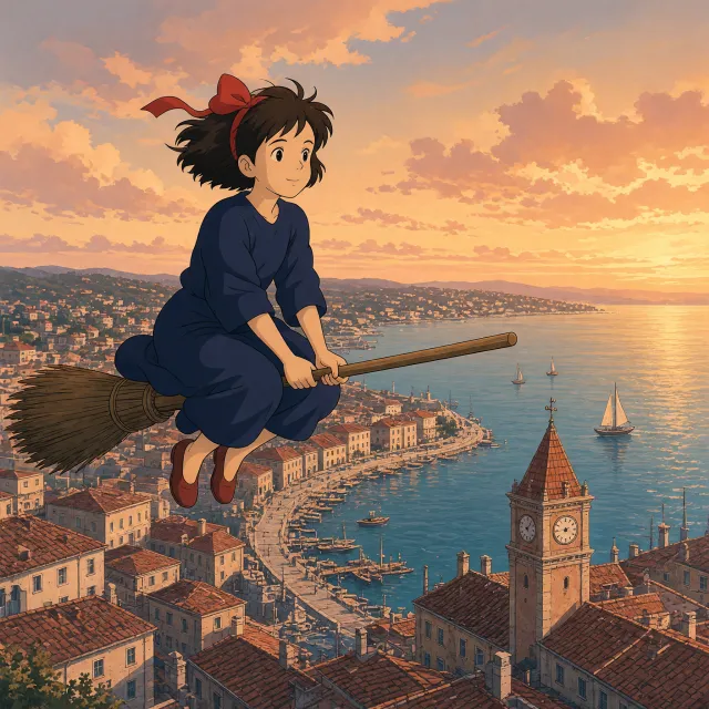 A young witch flying on a broomstick above a coastal town at sunset. Exact art style of 'Kiki's Delivery Service' by Studio Ghibli, with Miyazaki's character design and warm colors. - Takumi 1.1