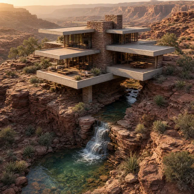 Aerial view of a modernist desert home, in the style of Frank Lloyd Wright's Fallingwater but adapted to desert conditions. Show integration with rocky landscape and water features. - Takumi 1.1