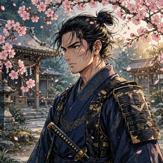 An anime-style portrait of a samurai standing under pink cherry blossoms. - Takumi 1.1