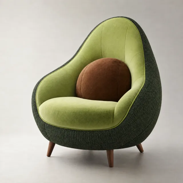 An armchair designed in the shape of an avocado, presented in a contemporary product photography style with professional studio lighting against a minimalist background. - Takumi 1.1