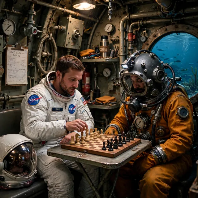 An astronaut and a deep-sea diver playing chess together inside a submarine. - Takumi 1.1