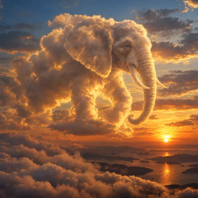 An elephant made of clouds floating in a sunset sky, rendered in a surrealist photorealistic style with ethereal golden lighting and atmospheric depth. - Takumi 1.1