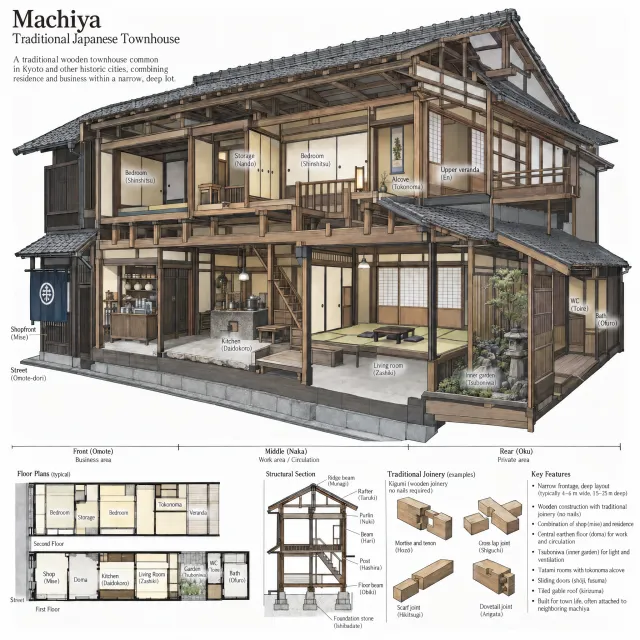 Cutaway architectural drawing of a traditional Japanese machiya townhouse showing all rooms and structural elements. Include accurate proportions, traditional joinery, and typical spatial organization. - Takumi 1.1