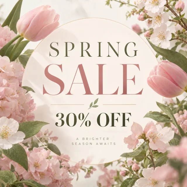 Instagram post graphic: 'SPRING SALE 30% OFF'. Floral background, pastel colors, elegant serif font style visually integrated. - Takumi 1.1