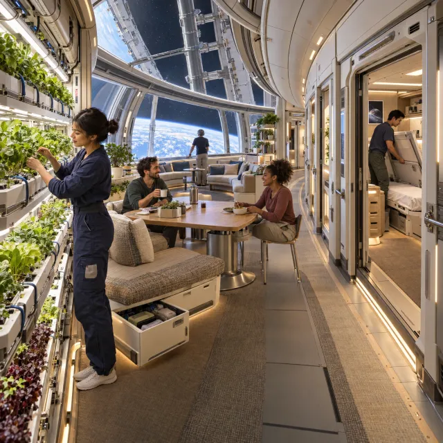 Interior of a futuristic space habitat with hydroponics gardens, communal areas, and living quarters. Show curved walls, artificial gravity considerations, and multipurpose furniture designs. - Takumi 1.1