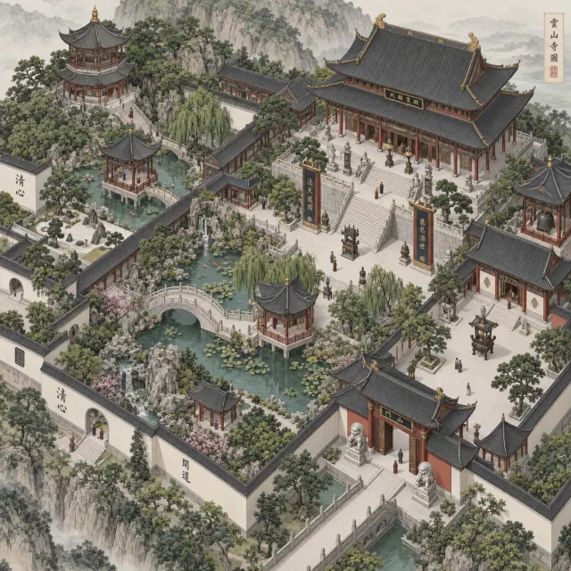 Isometric architectural illustration of an ancient Chinese temple complex showing multiple pavilions, gardens, and ceremonial spaces. Include proper roof structures and traditional ornamentation. - Takumi 1.1