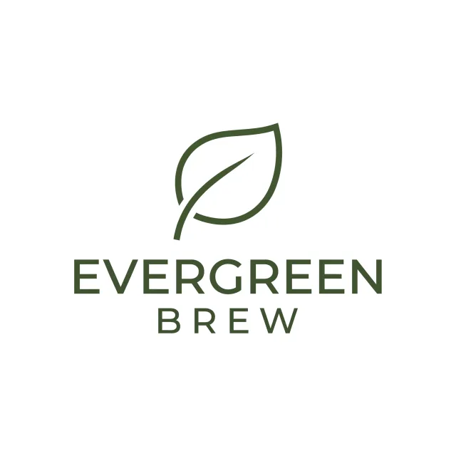 Minimalist logo for a sustainable coffee brand 'Evergreen Brew', single leaf motif, clean lines, vector style, white background. 'Evergreen Brew' contained as text in logo - Takumi 1.1