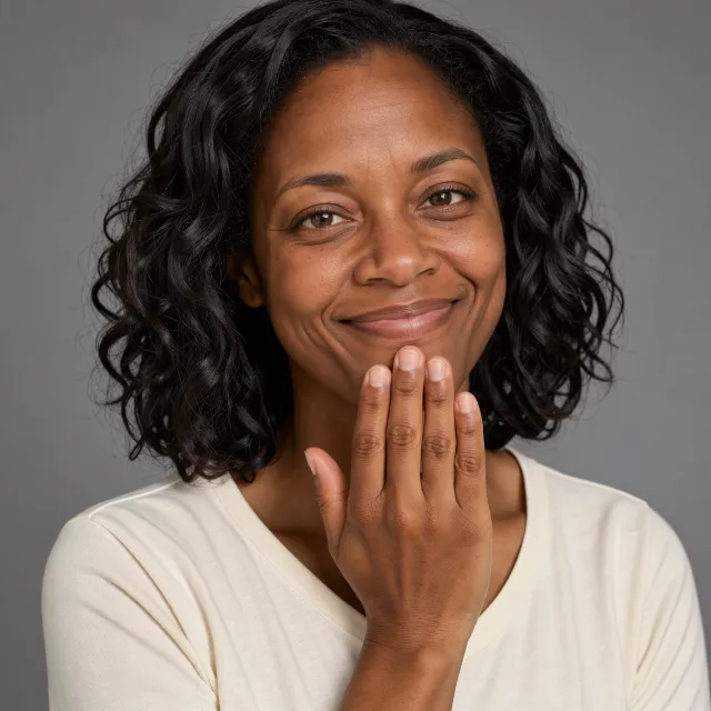 Photorealistic close-up portrait of a person clearly performing the American Sign Language gesture for "thank you," hand positioned visibly in front of the chest, clear expression on face, neutral background - Takumi 1.1
