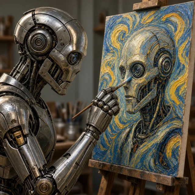 Photorealistic image of a robot painting a realistic self-portrait (i.e. the robot) on canvas, mimicking Van Gogh’s art style; clear, realistic metallic textures and painting details visible - Takumi 1.1