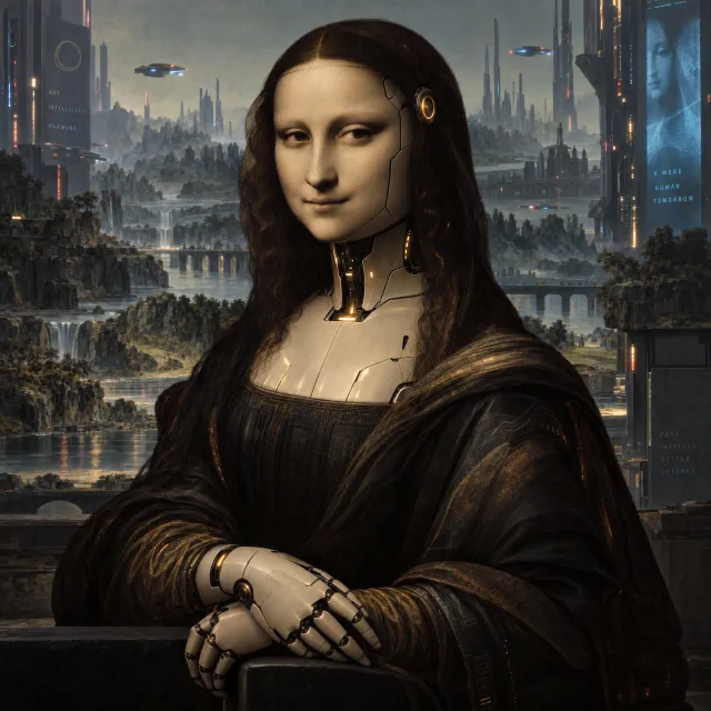 The Mona Lisa reimagined as a futuristic android, rendered in a digital art style that preserves Da Vinci's composition while incorporating sleek cyberpunk aesthetics and technological elements. - Takumi 1.1