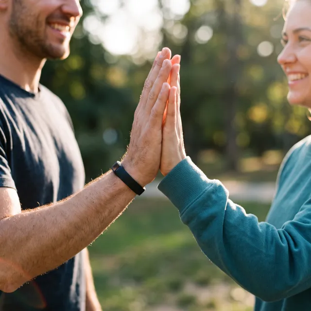 Two people high-fiving, with focus on their hands meeting mid-air. - Takumi 1.1