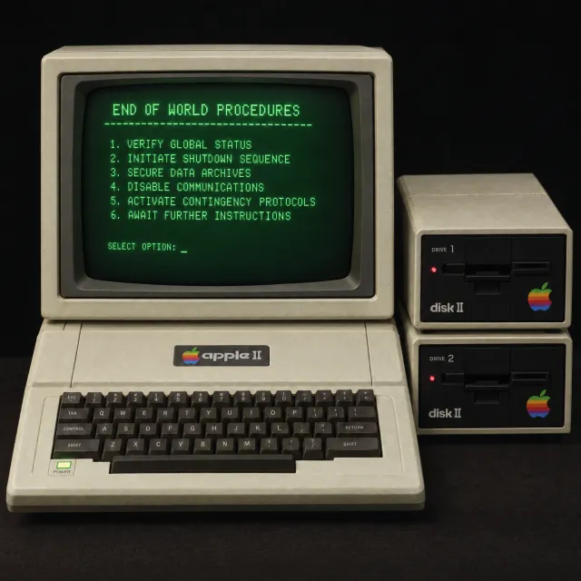 Vintage Apple II computer with green monochrome CRT screen, displaying 'END OF WORLD PROCEDURES' in green text. Two external floppy drives stacked on the right, labeled disk II with rainbow Apple logos. Beige casing, black background, retro aesthetic. - Takumi 1.1
