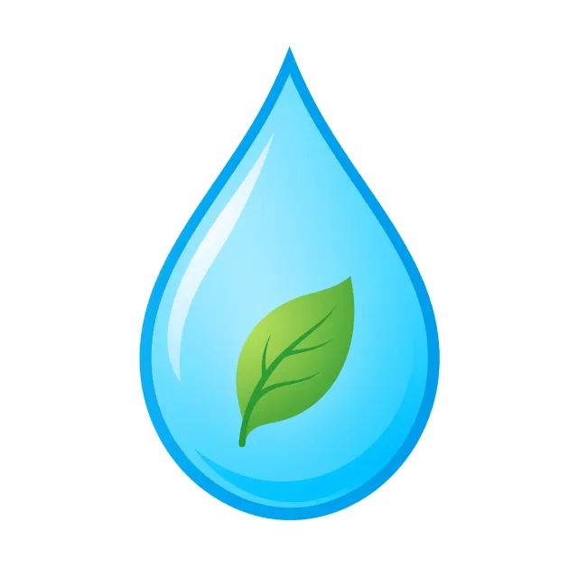 Visual element for an infographic about water conservation. Stylized water droplet icon containing a small green leaf, clean vector art. - Takumi 1.1